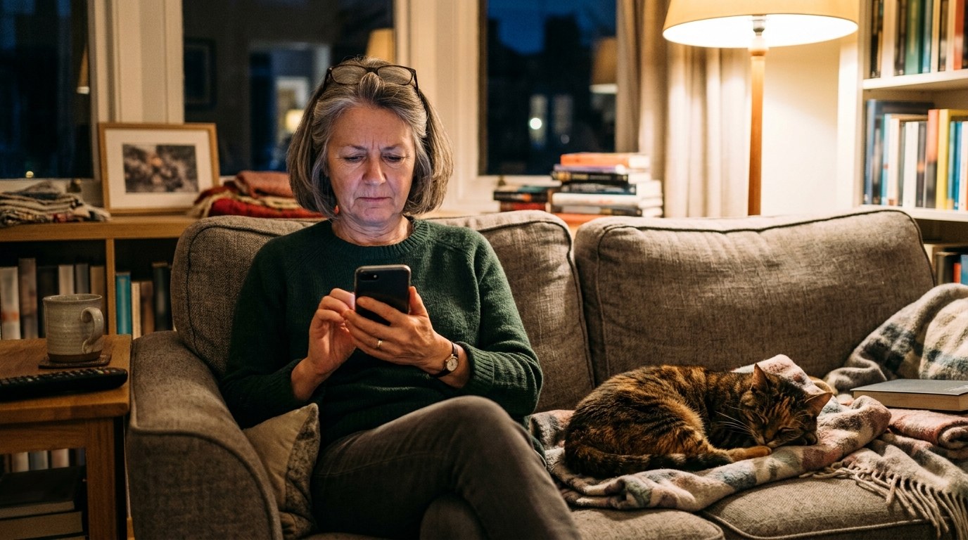 A woman on a couch frowning at her phone in the evening