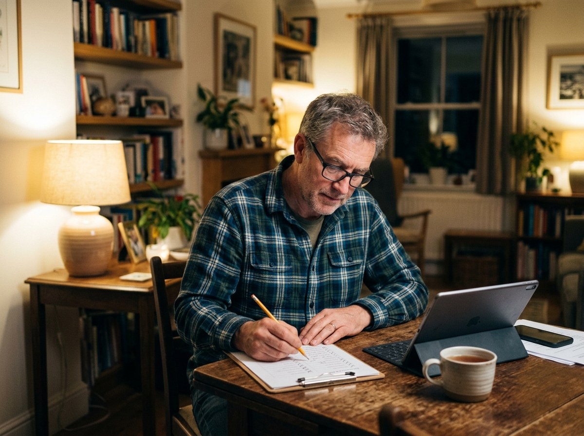 A man in reading glasses working through a printed checklist at a dining table in the evening