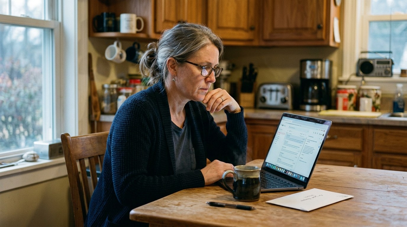 A woman at a kitchen table early in the morning with a laptop and a coffee