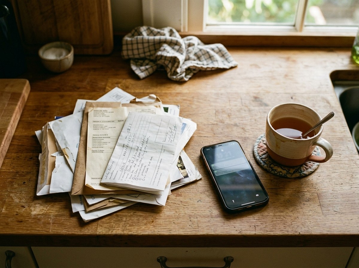 A small pile of opened mail and a phone on a kitchen counter
