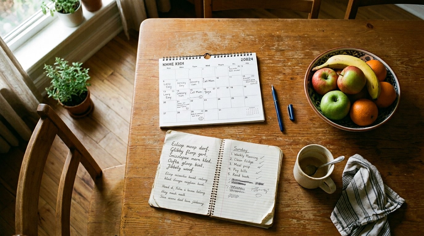 A kitchen table with a paper calendar, a pen and a handwritten list